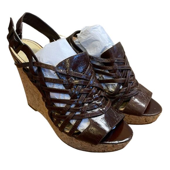 Enzo Angiolini Strappy Espadrille Wedge Sandals Muffin Brown Patent Leather 8.5 - Picture 3 of 14